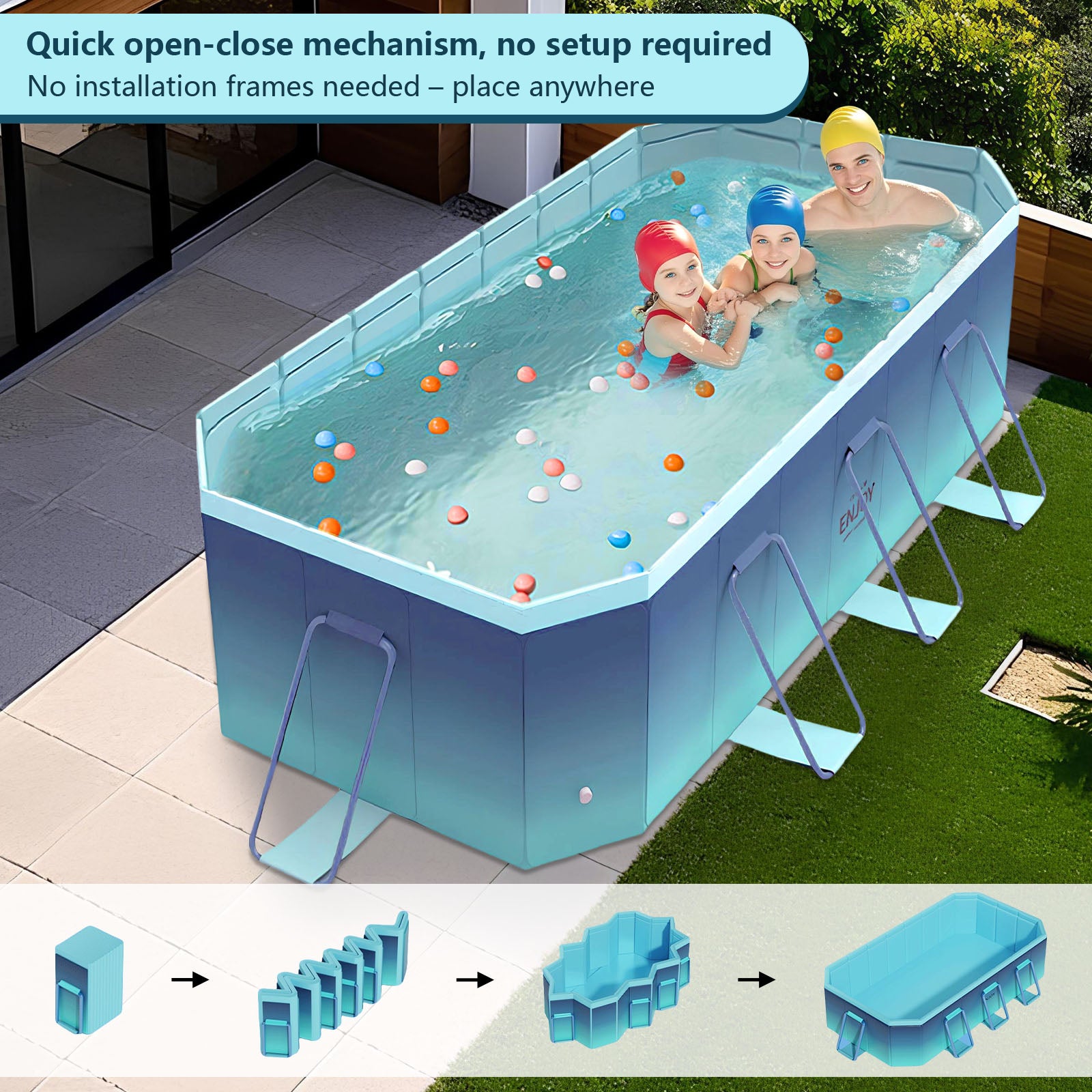 2.6m-3m Foldable Non-Inflatable Kids and Adults Outdoor Swimming Pool 
Summer Water Party Large Family Pool