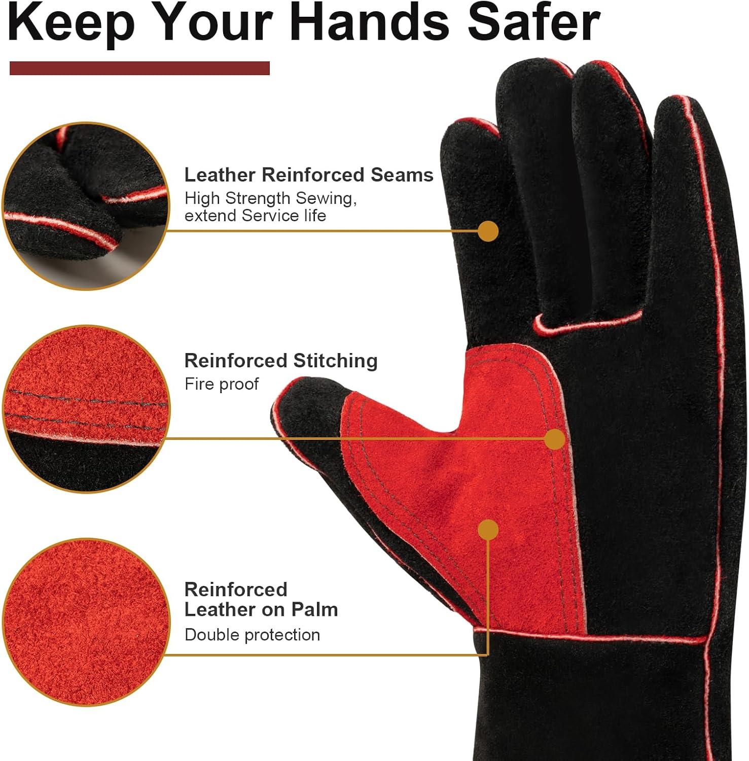 Welding Gloves For Welder Works with Black Palm Welders Thick Cow Split Leather Kitchen Stove Heat Puncture Resistant BBQ Glove