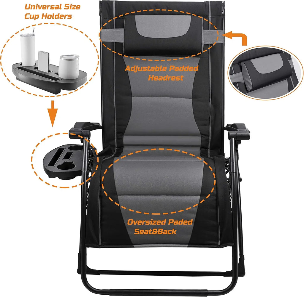 XXL Oversize Recliner , Folding Chair for Camping, 
Patio, Outdoors Zero Gravity Extra Wide Reclining Padded Seats with Sunshade