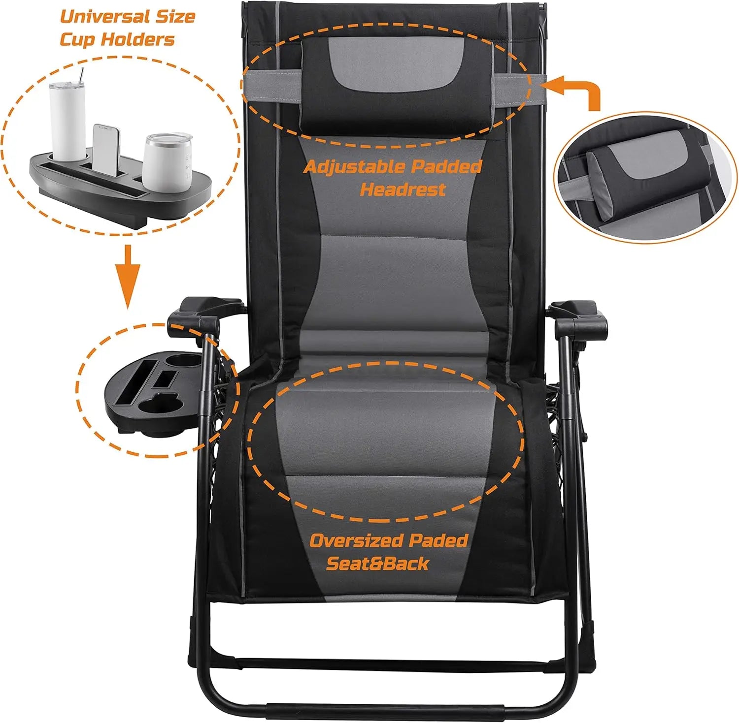 XXL Oversize Recliner , Folding Chair for Camping, 
Patio, Outdoors Zero Gravity Extra Wide Reclining Padded Seats with Sunshade