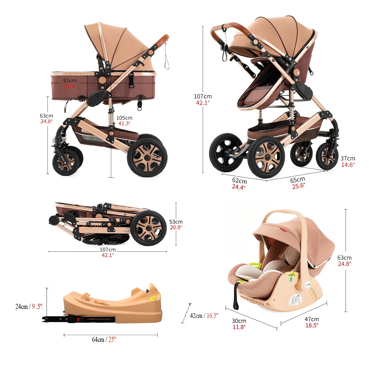 Baby Stroller Combo 
Car Seat Travel System 
for Newborn with Isofix Base,   Baby Carriage 3in1 Reversible Toddler Stroller