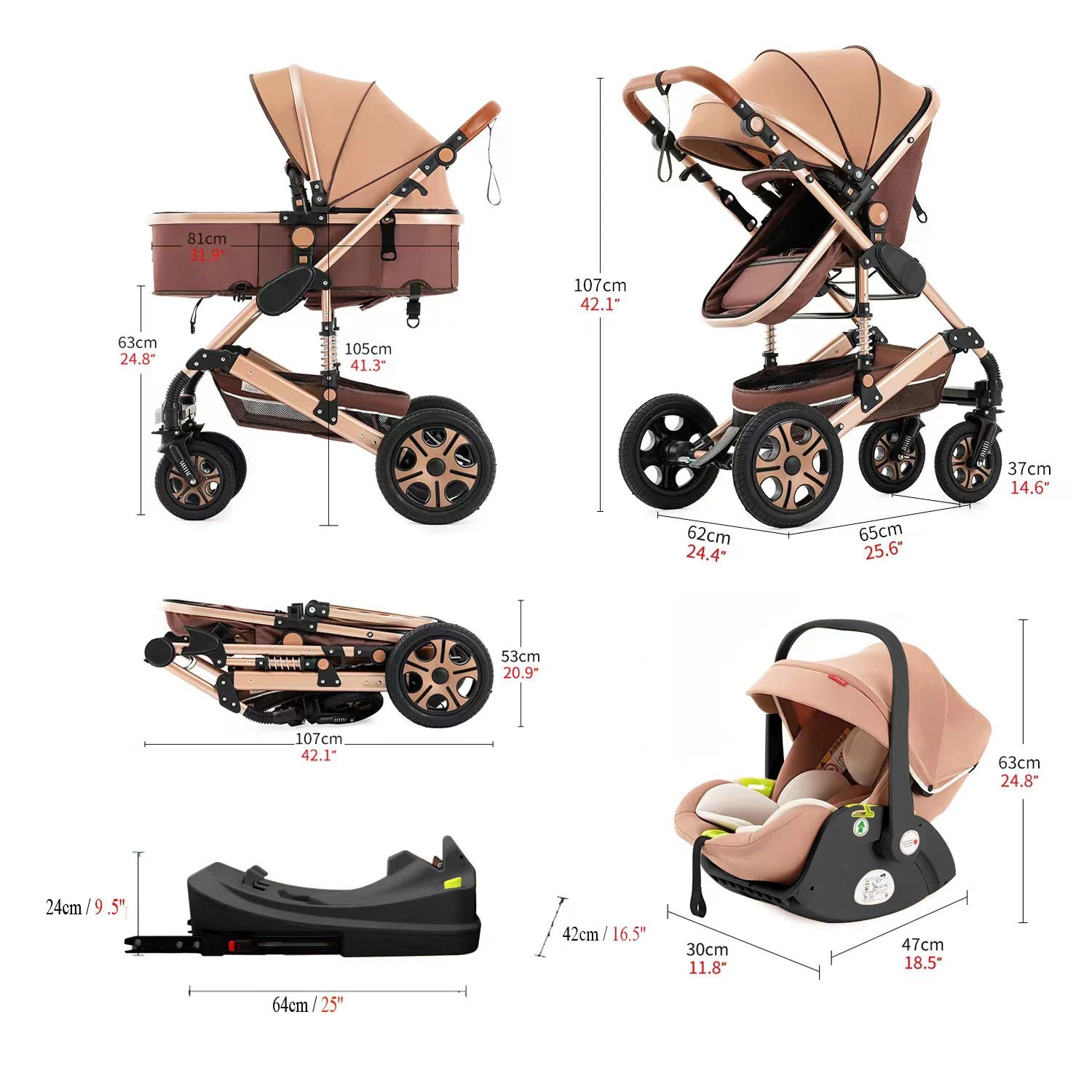 Baby Stroller Combo Car Seat - Infant Pushchair with Carry Cot Foldable Reversible Pram,Travel System with Isofix Base Upto 5lbs