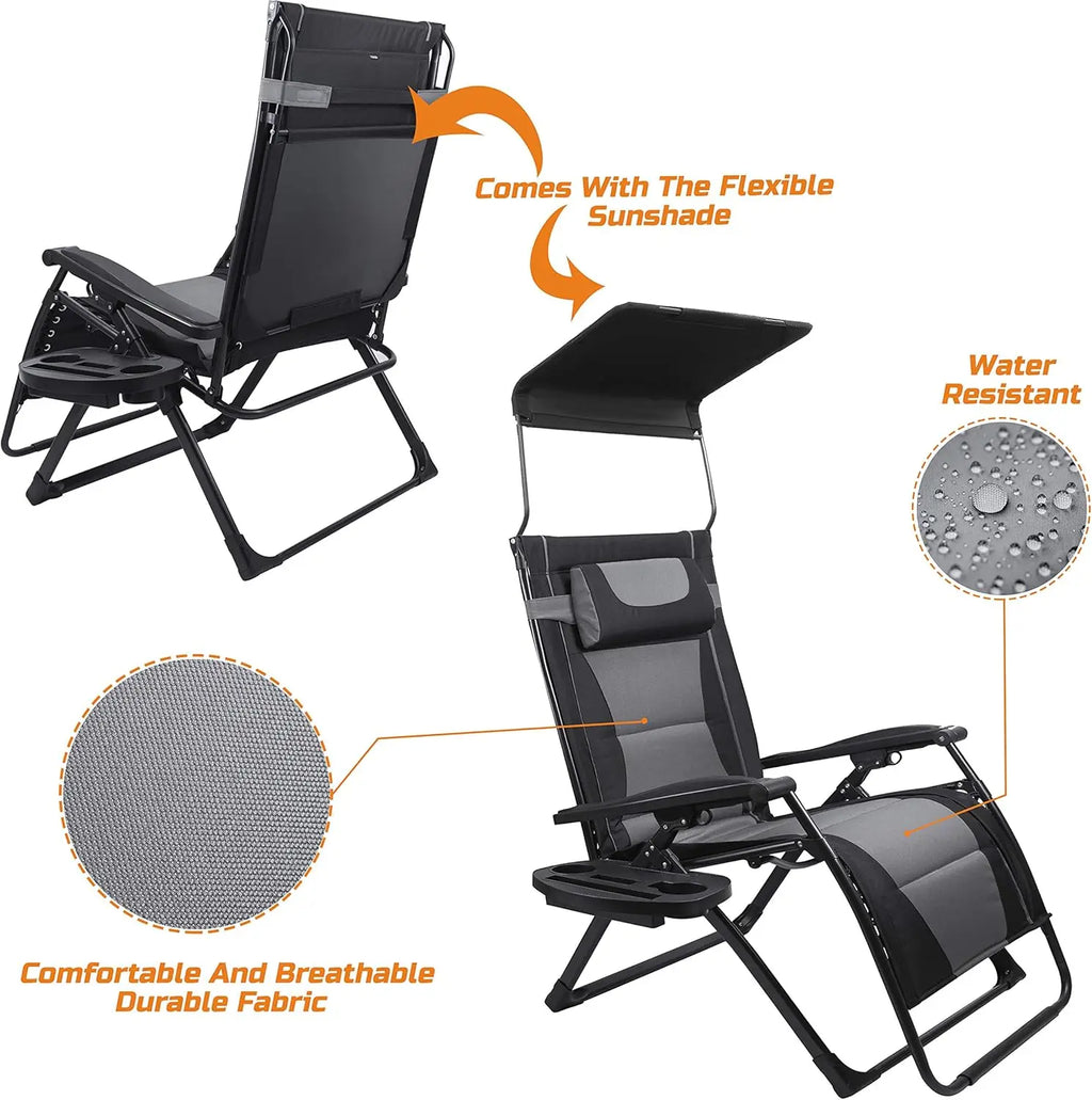 XXL Oversize Recliner , Folding Chair for Camping, 
Patio, Outdoors Zero Gravity Extra Wide Reclining Padded Seats with Sunshade