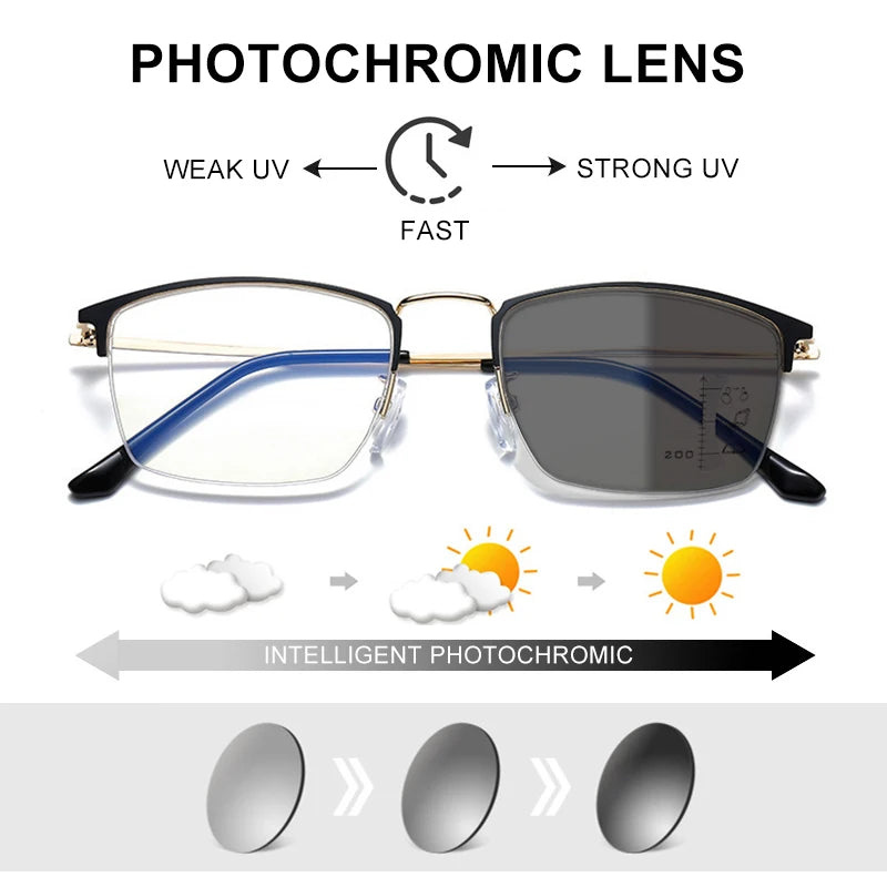 CLLOIO Titanium Alloy Photochromic Reading Glasses Men Progressive Multifocal Glasses Women Anti Blue Light Hyperopia Glasses