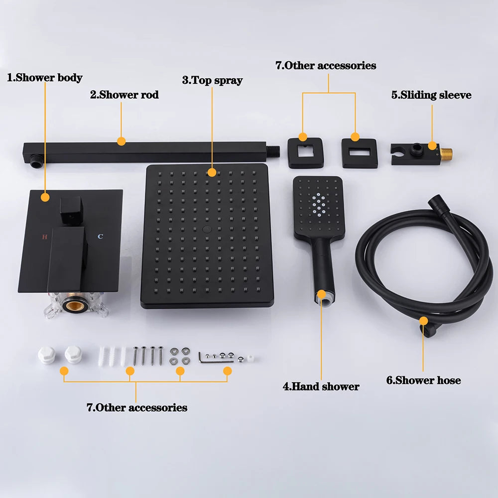 Black Concealed Shower System
Rain Waterfall Bathroom Embedded Shower Faucet Set with Tub Spout