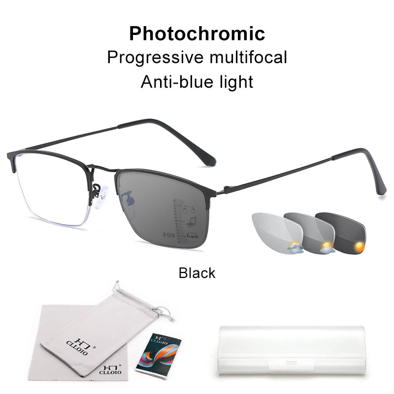CLLOIO Titanium Alloy Photochromic Reading Glasses Men Progressive Multifocal Glasses Women Anti Blue Light Hyperopia Glasses