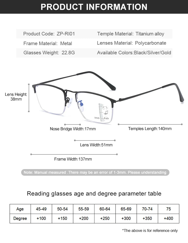CLLOIO Titanium Alloy Photochromic Reading Glasses Men Progressive Multifocal Glasses Women Anti Blue Light Hyperopia Glasses