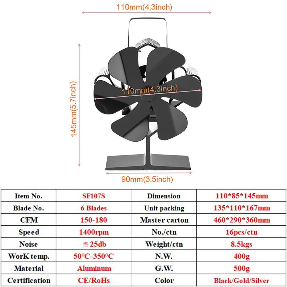 6 Blade Stove Fan Silent Efficient Heat Distribution , 
for Fireplace Wood  Burner Ecofan Heat Powered