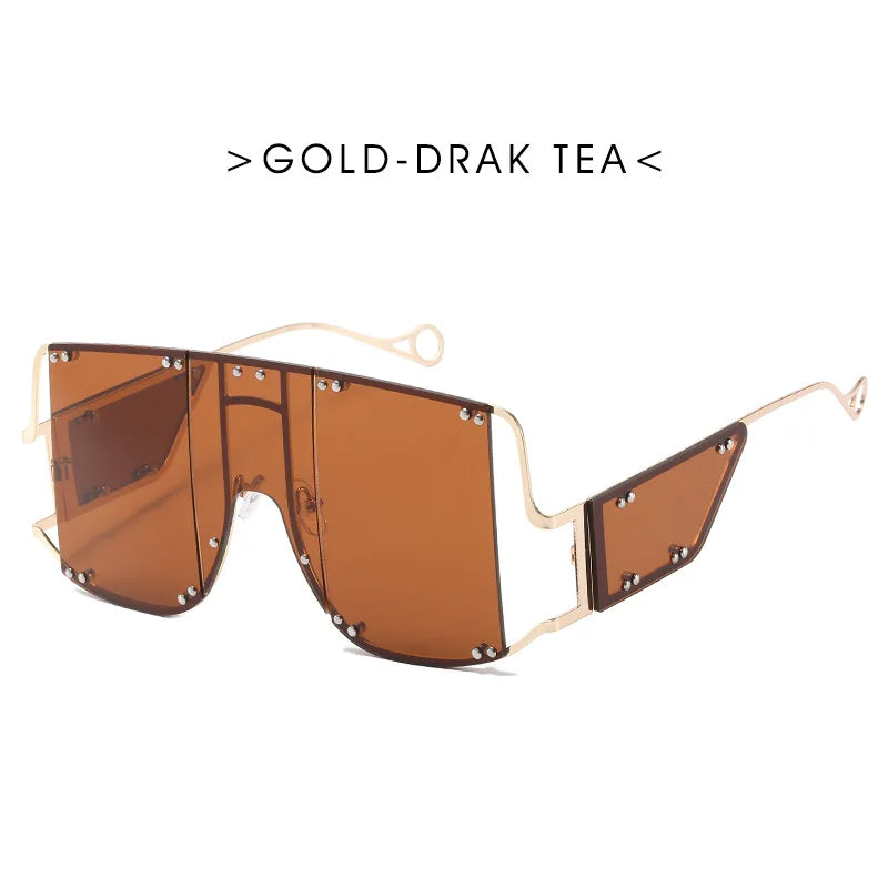 Fashion Square Goggle Sunglasses Women Oversized Metal Frame Vintage Glasses Men Shades Punk Glasses Luxury Brand Rivet Eyewear