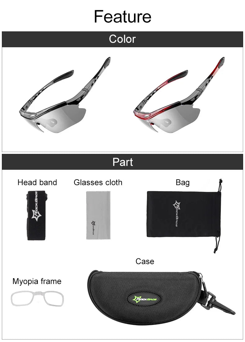ROCKBROS Bicycle Glasses Photochromic Lens Outdoor Eyewear Goggles UV400 Sports Riding Cycling Sunglasses MTB Road Bike Glasses