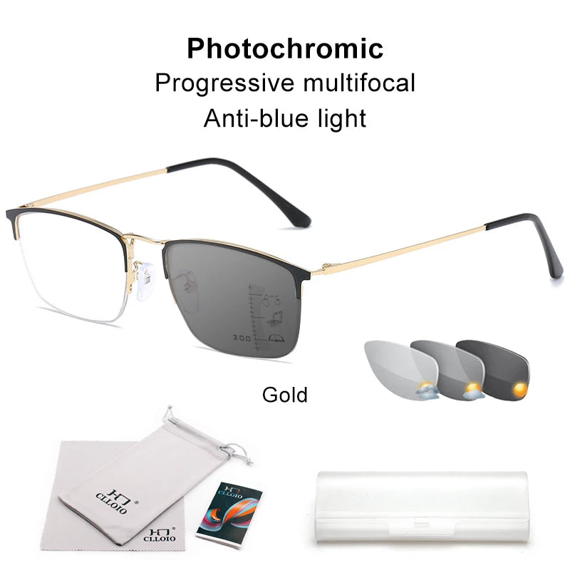 CLLOIO Titanium Alloy Photochromic Reading Glasses Men Progressive Multifocal Glasses Women Anti Blue Light Hyperopia Glasses
