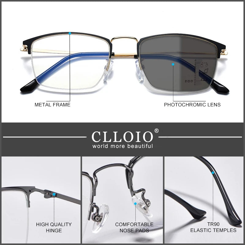 CLLOIO Titanium Alloy Photochromic Reading Glasses Men Progressive Multifocal Glasses Women Anti Blue Light Hyperopia Glasses