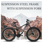 26 inch Mountain Bike, Full-Suspension 21 Speeds Drivetrain with Disc-Brake MTB Bicycle, 4" Fat tire Bike for Men or Women.