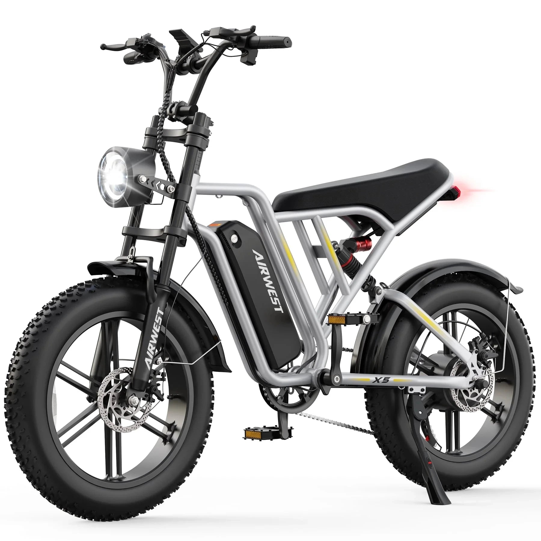 Airwest X5 Adult Electric Bike, 
750W Peak Power, 48V 13Ah Battery, 
20“*4 Fat Tire Ebike, 28MPH, UL 2849, 1 Year Warranty