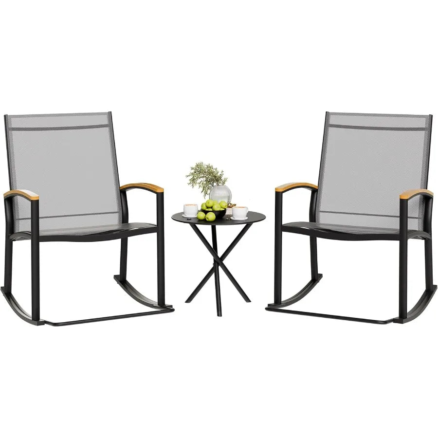 3 Piece Outdoor Rocking Bistro Set . 
Textilene Fabric , Small  table 
Patio Furniture Set , for Front Porch