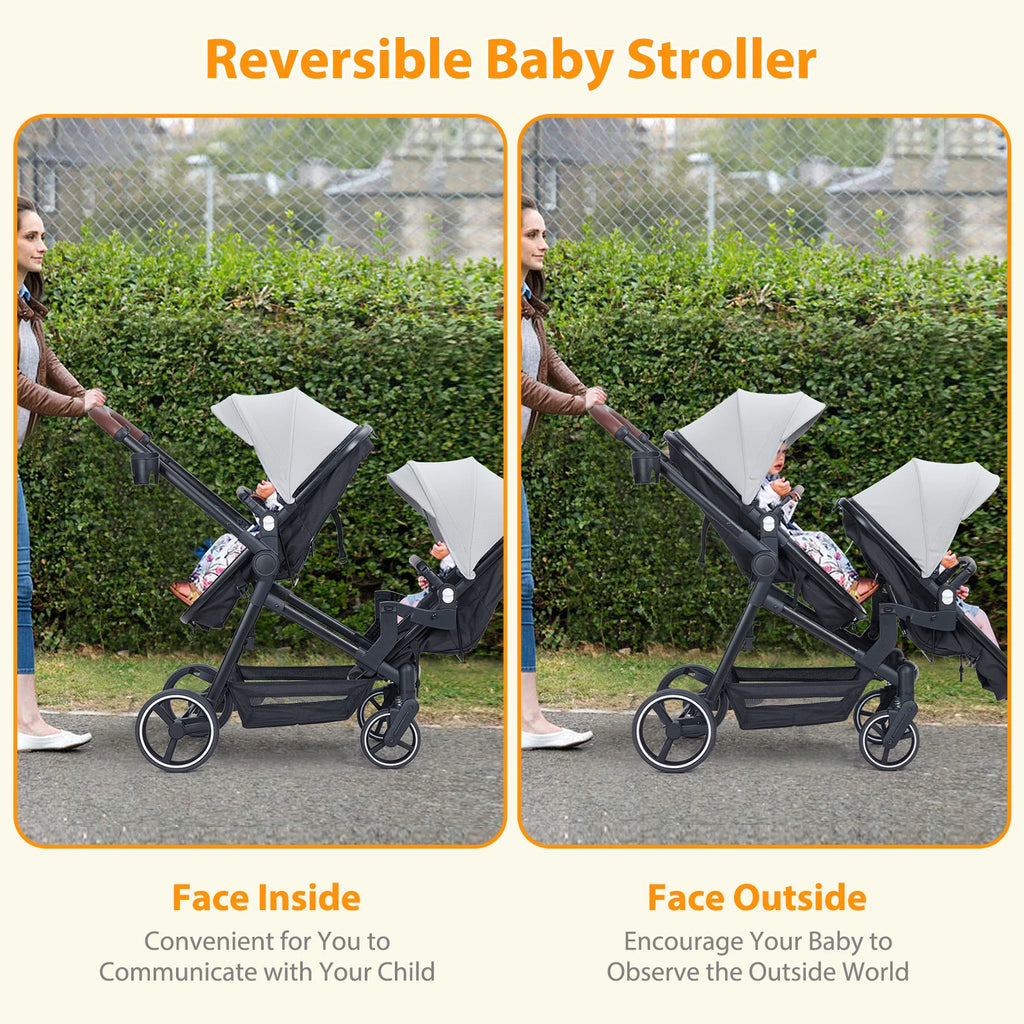 Double Stroller Track 
Tandem Stroller for Infant and Toddler,
 Foldable Pushchair Bassinet Pram, Multi-Position Reversible