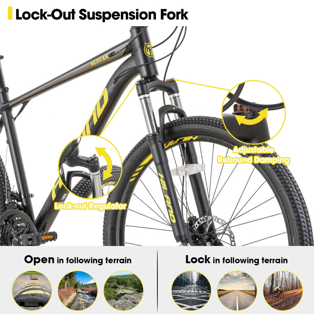 Hiland Aluminum Mountain Bike 21 Speeds,
Hydraulic Disc-Brakes, Lock-Out Suspension Fork, 
27.5 inch Wheel, Bike for Men Mens