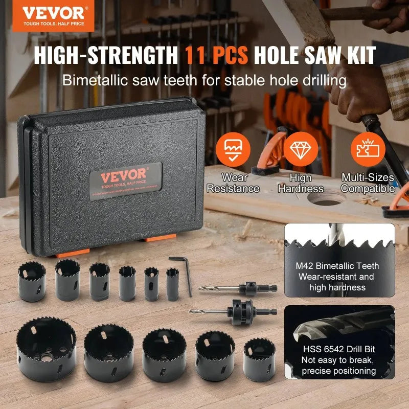 VEVOR Hole Saw Kit, 11 PCS Saw Blades, 2 Drill Bits, 1 Hex Wrench, 
General Purpose Size from 3/4" to 3",
 Bi Metal M42 Hole Saw S