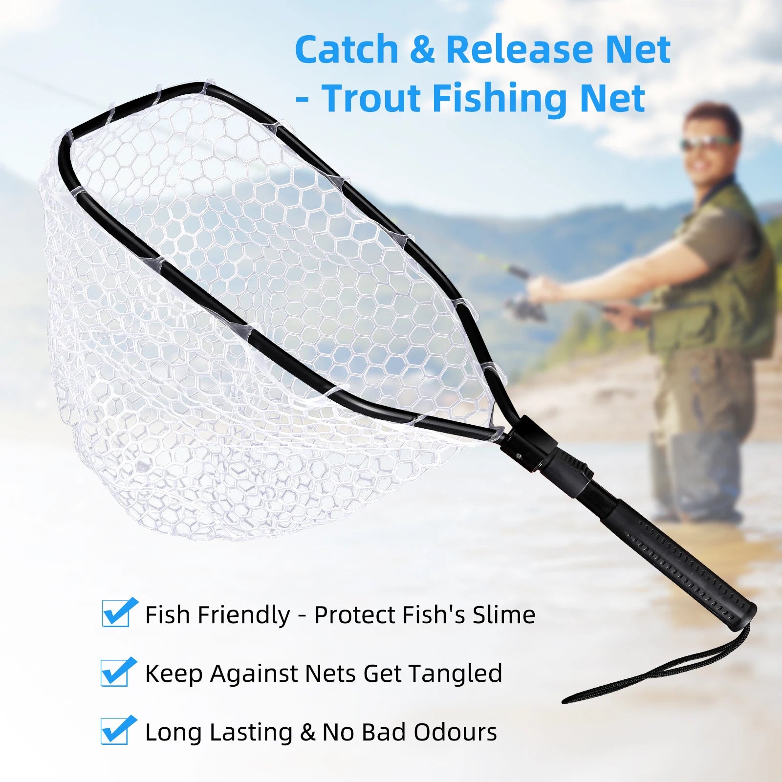 Foldable Fish Net for Trout Fly Fishing Landing Net with Handle 
Soft Rubber Mesh for Stream Shore Fishing