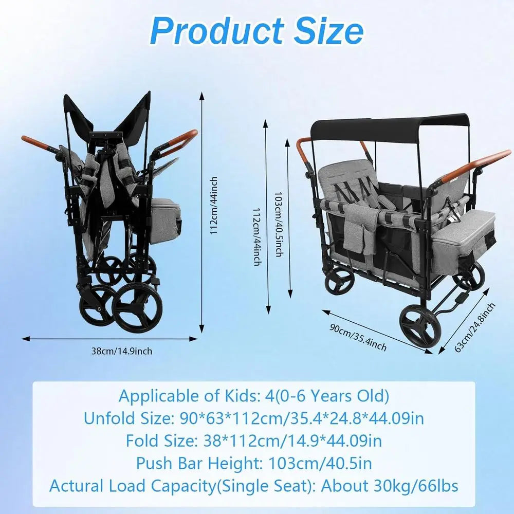 All-Terrain 4-Child Wagon Stroller
 with Removable 5-Point Harness and Storage Organizer, 
Suitable for Outdoor Activities