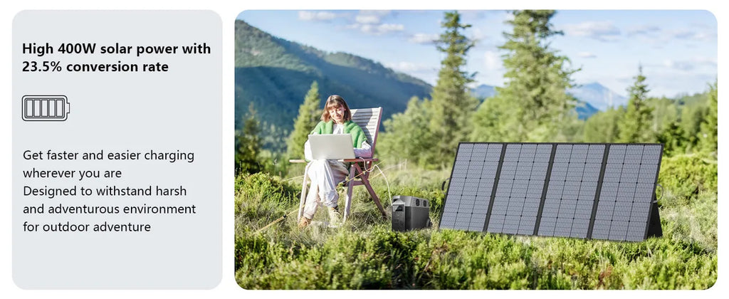 MHPOWOS 400W Portable Solar Panel, 
Lightweight Foldable Solar Panels with an Adjustable Kickstand, 
IP67 Waterproof Solar Charger