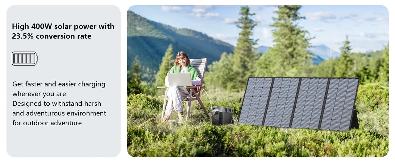 MHPOWOS 400W Portable Solar Panel, 
Lightweight Foldable Solar Panels with an Adjustable Kickstand, 
IP67 Waterproof Solar Charger