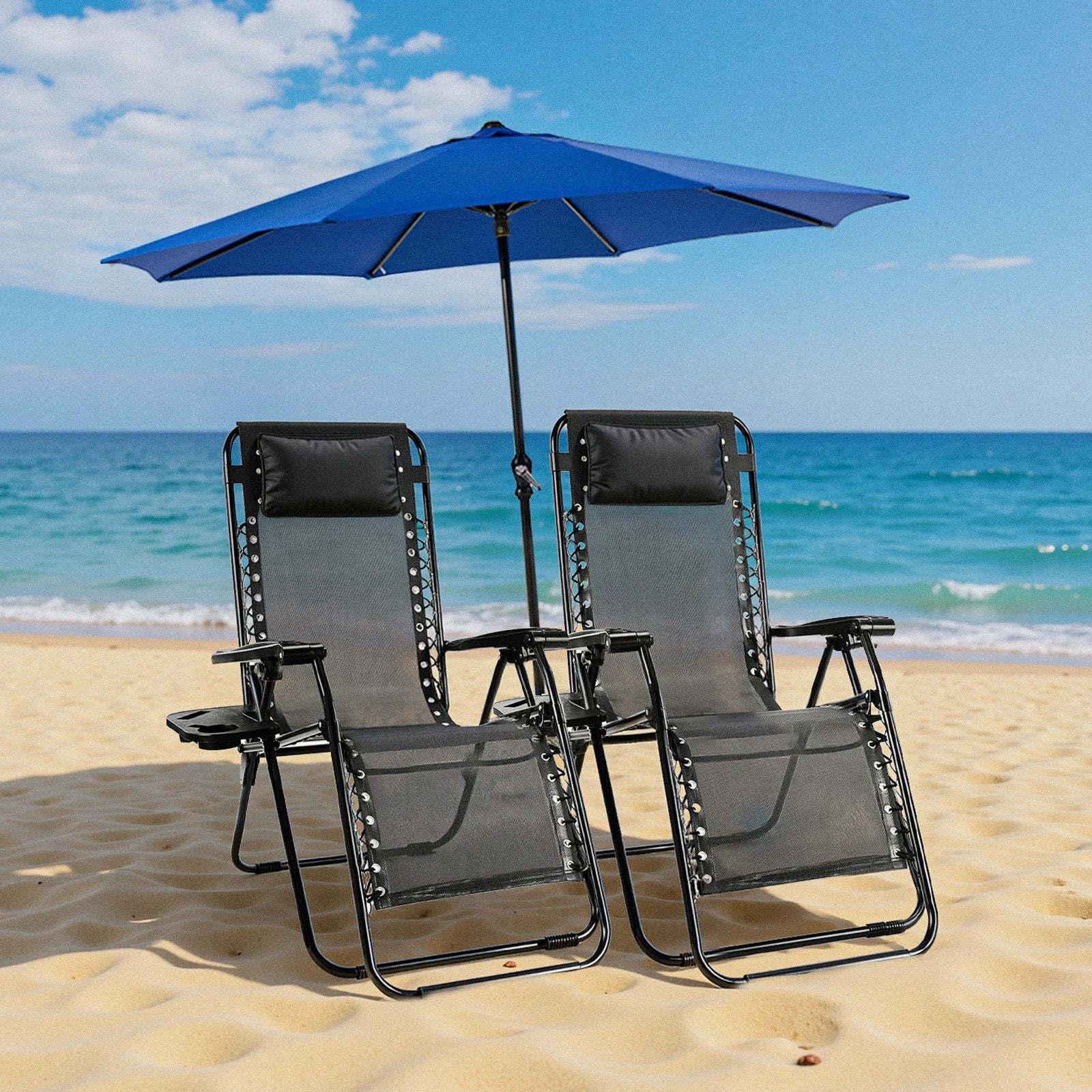 Zero Gravity Set of 2 Portable Recliners
Camping ,Patio , Outdoor Garden Lounge Chair with Cup Holder ,Trays & Adjustable Pillow