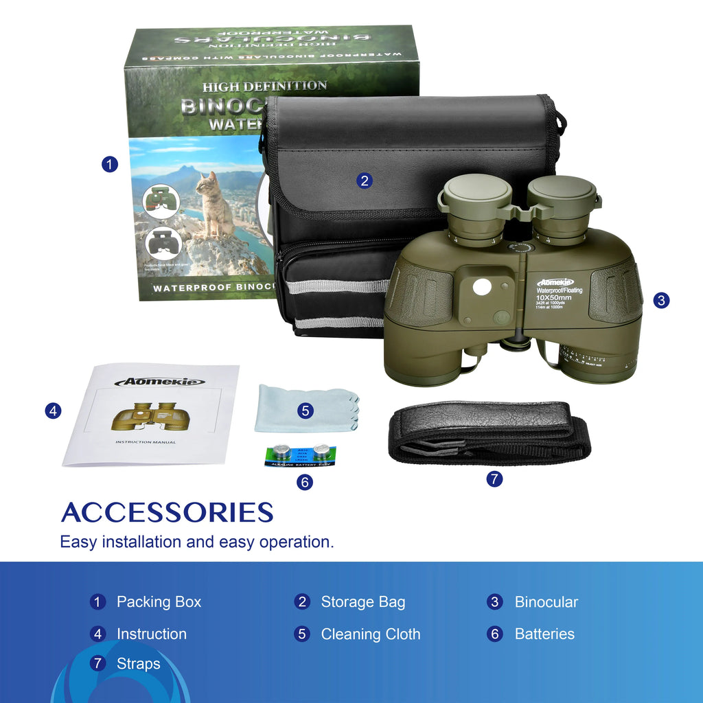 10X50 HD Marine Binoculars with Rangefinder Compass 
BAK4 Prism 50mm FMC Lens 
Waterproof for Outdoor Hunting -  Boating -  Camping