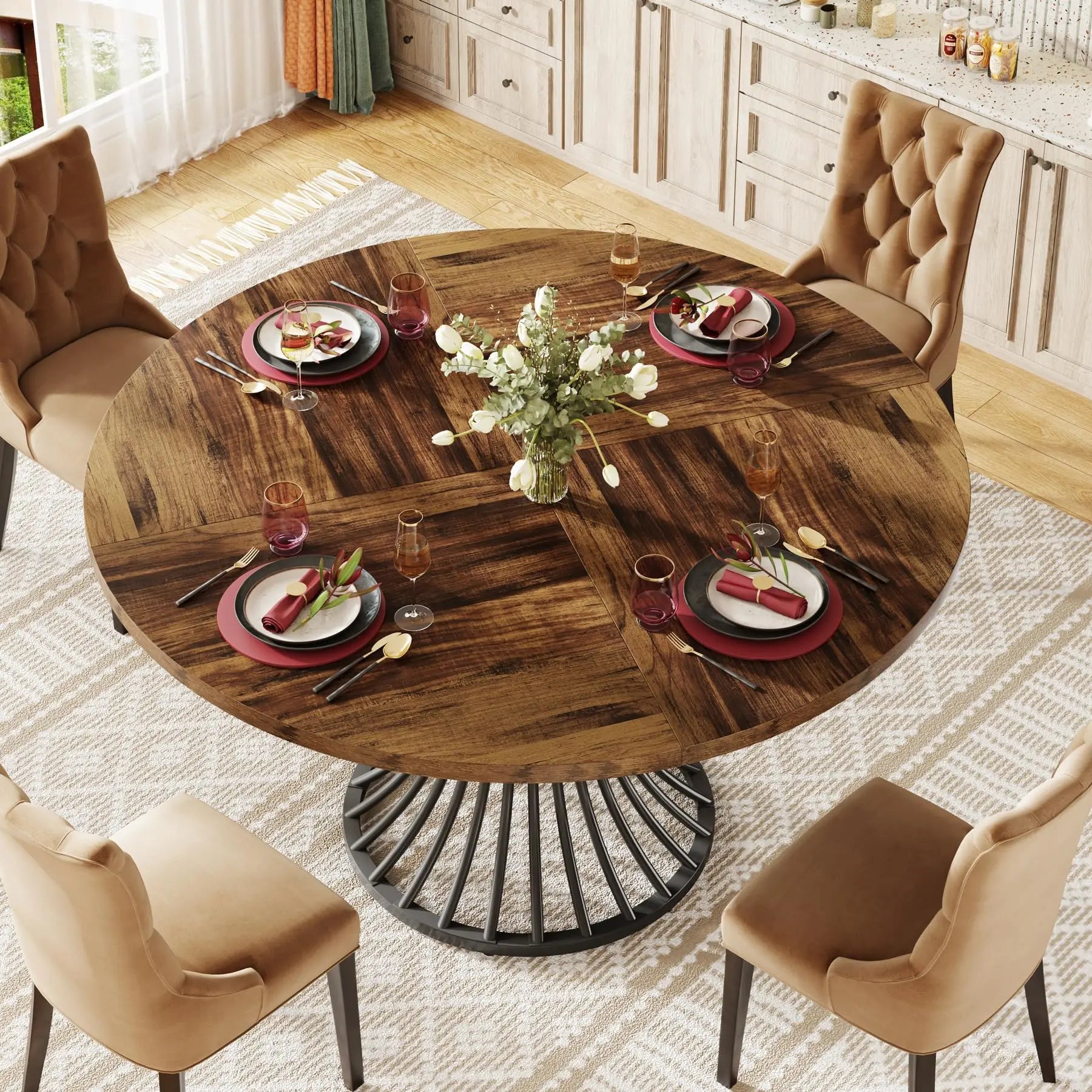 Tribesigns Round Dining Table for 4-6 People, 
47-Inch Farmhouse Dinning  Industrial Dinner Table