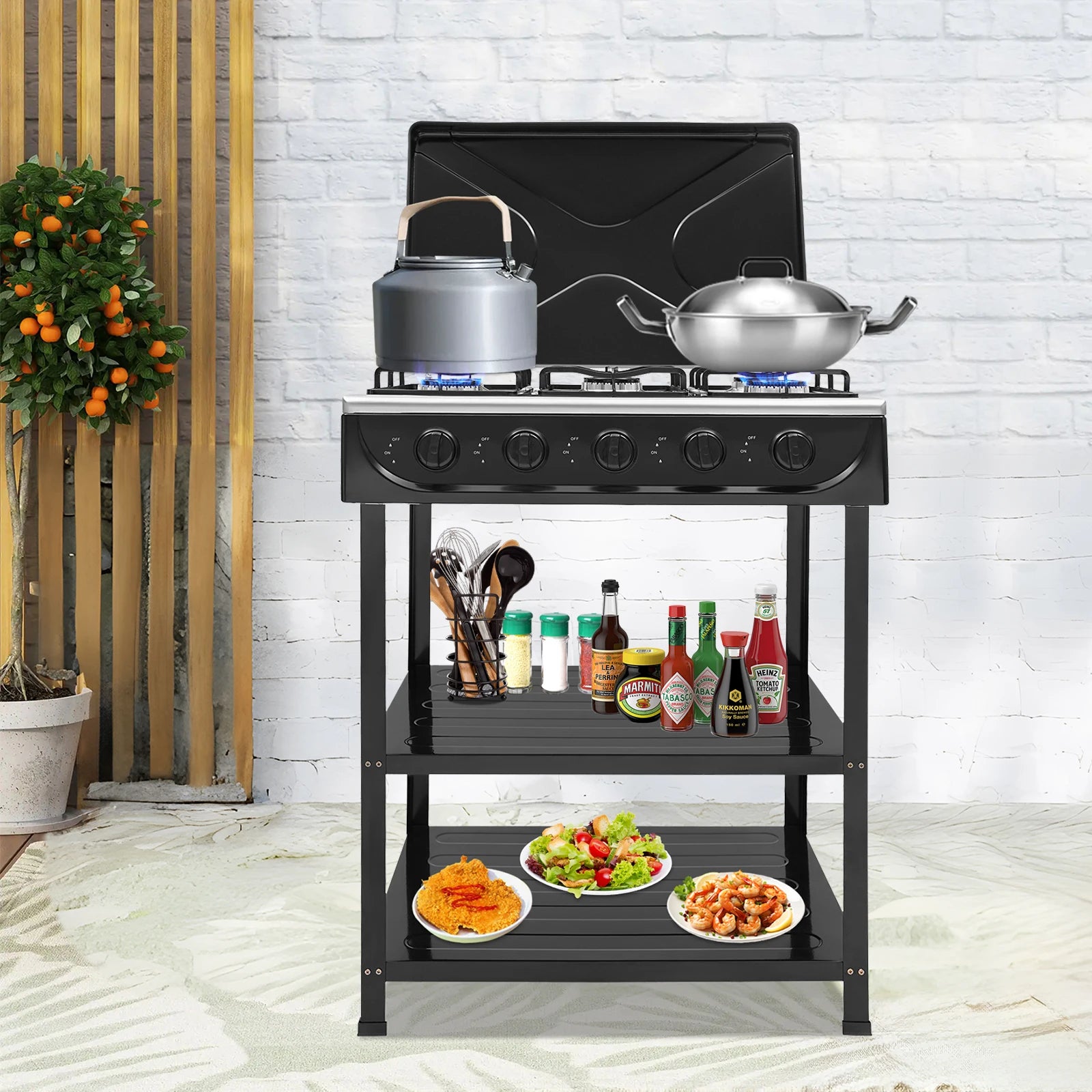 5-Burner Gas Stove 
Outdoor Camping Cooking BBQ Grill With 2-Tier Storage Rack