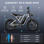 Airwest X5 Adult Electric Bike, 
750W Peak Power, 48V 13Ah Battery, 
20“*4 Fat Tire Ebike, 28MPH, UL 2849, 1 Year Warranty