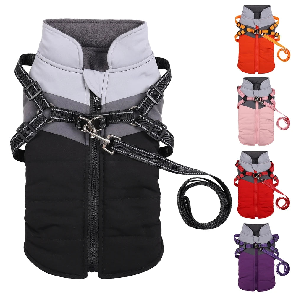 Waterproof Winter Dog Coat With Warm Fleece Lining Adjustable Buckle And Double D-Ring Harness For Small Medium And Large Dogs