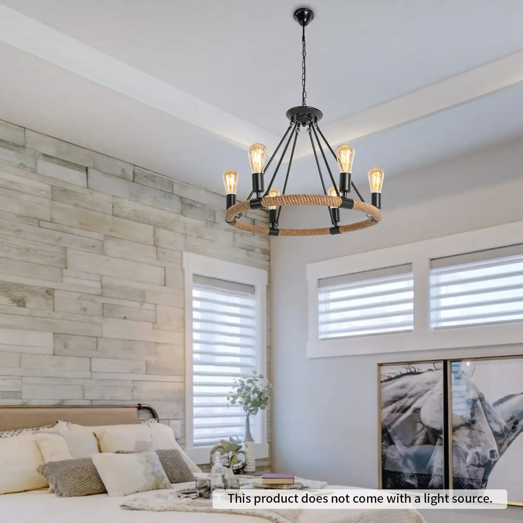 Rustic Industrial Hemp Rope Chandelier – Round Pendant Ceiling Light for Farmhouse Style