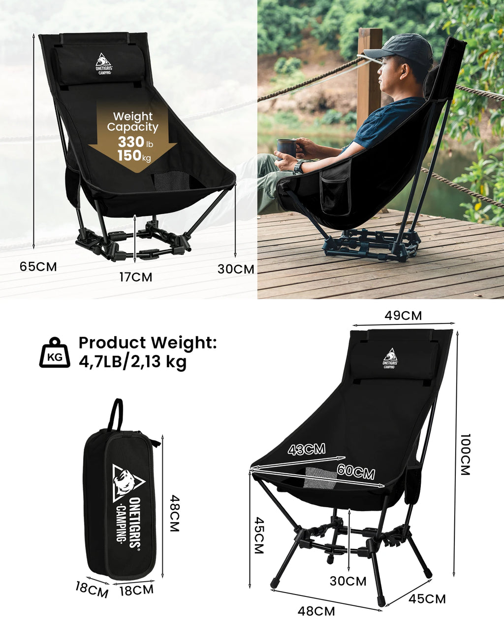 OneTigris Portable Camping Chair. 
Outdoor ,High Back, For Fishing , BBQ,  Parties Indoor Use