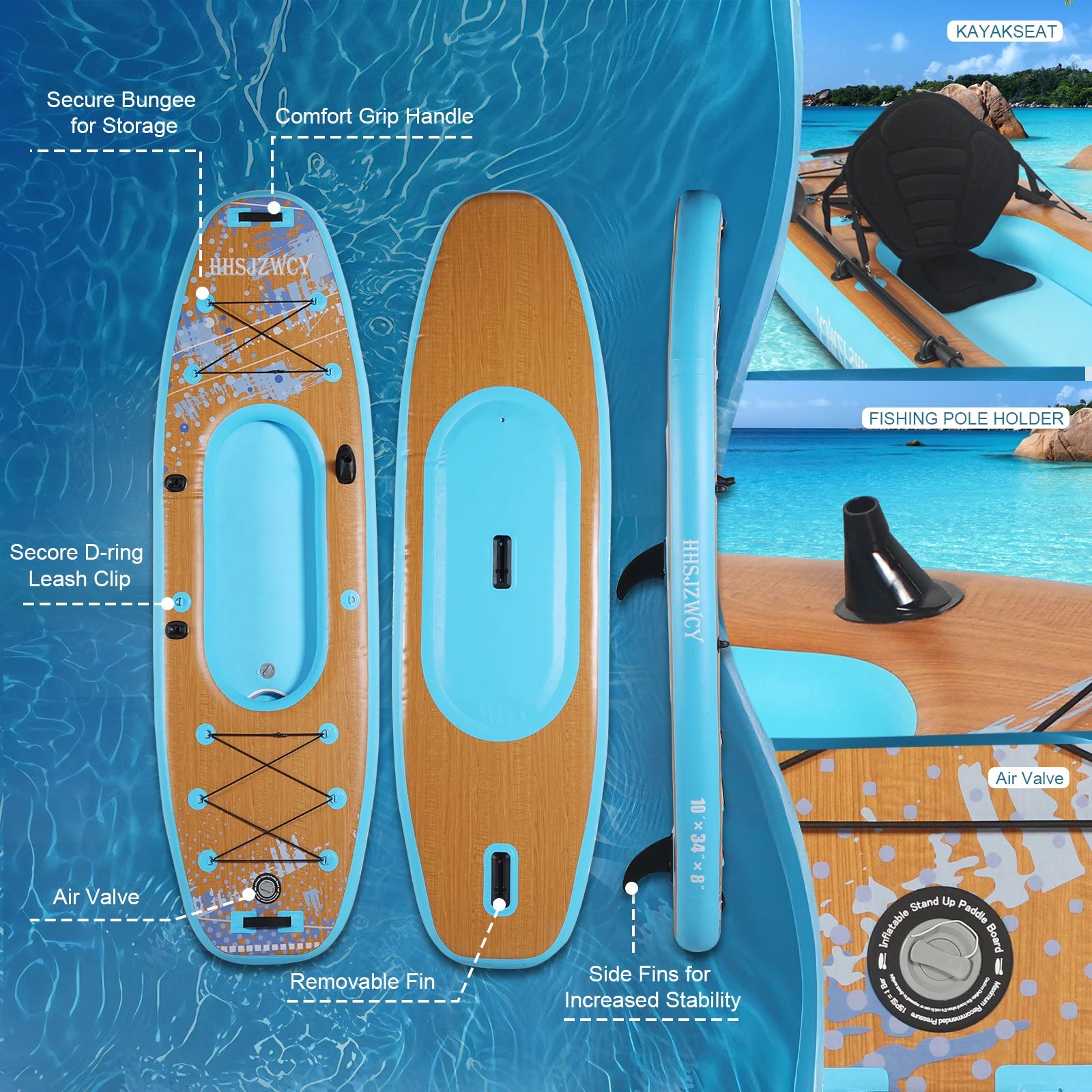 HHSJZWCY 10' Inflatable Stand Up Paddle Board Kayak, 
34'' Extra Wide, for Adults, with Seat, PaddleBoard for Fishing,Touring,