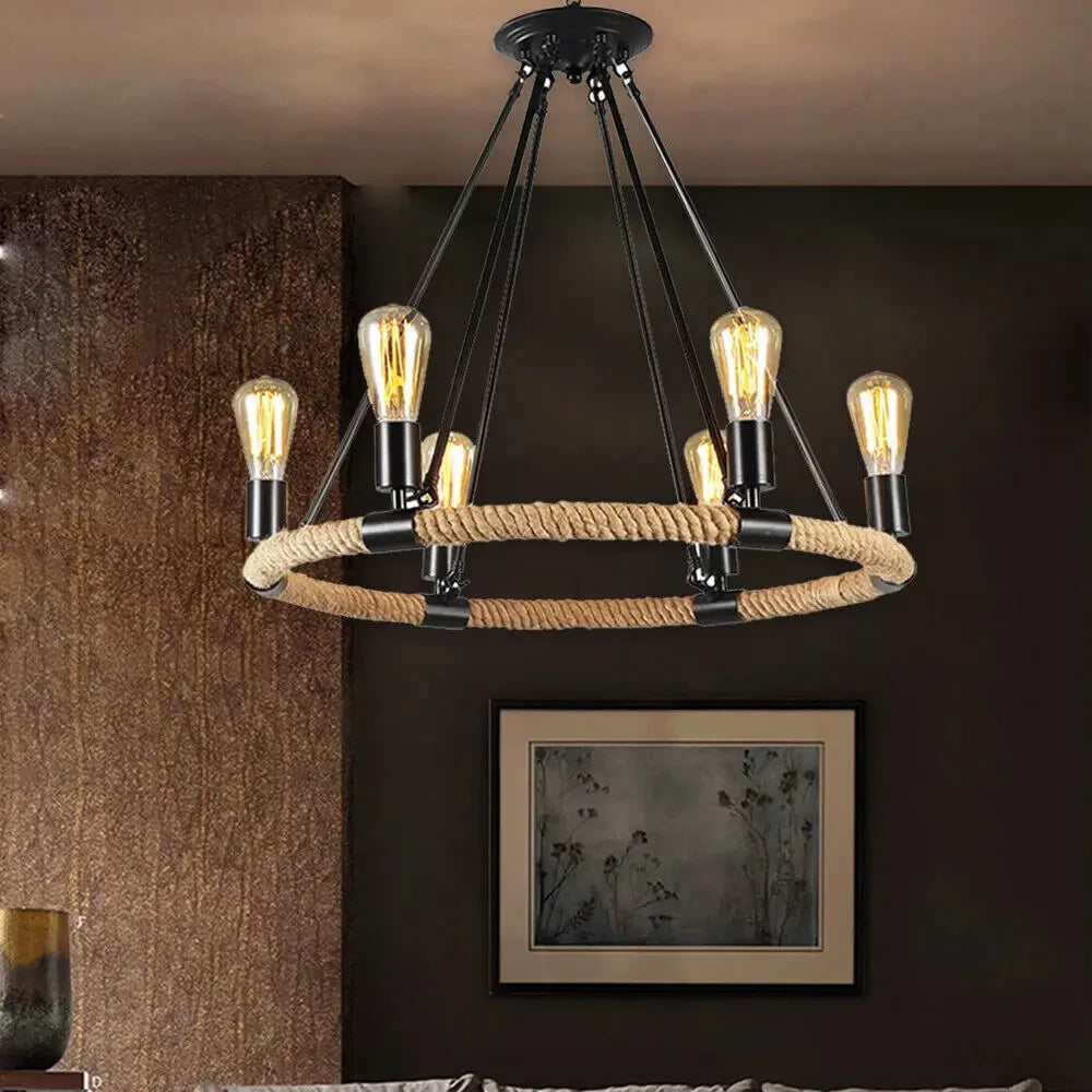 Rustic Industrial Hemp Rope Chandelier – Round Pendant Ceiling Light for Farmhouse Style