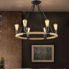 Rustic Industrial Hemp Rope Chandelier – Round Pendant Ceiling Light for Farmhouse Style