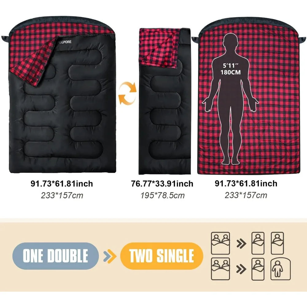 XXL Queen Size Two Person Flannel Sleeping Bag for Adults with 2 Pillows, 
Ideal for Camping and Outdoor Adventures
