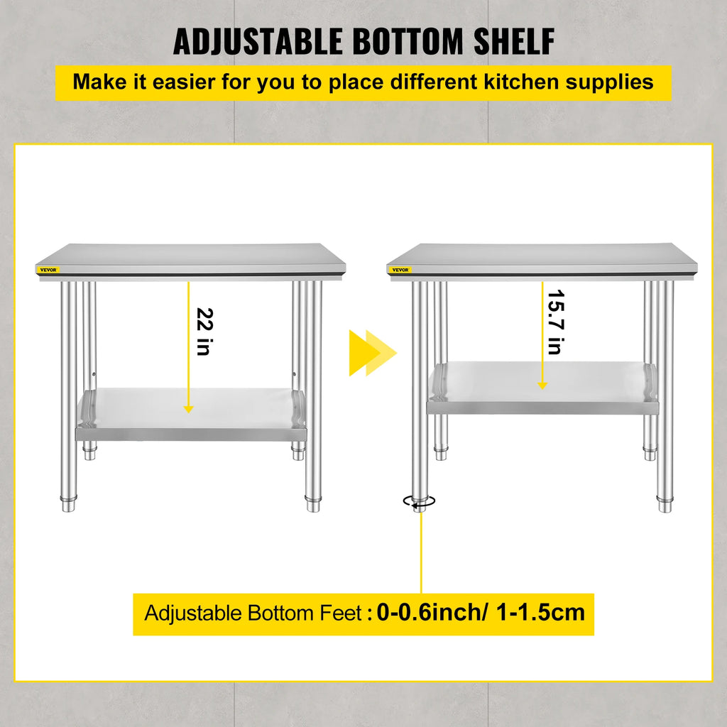 VEVOR Kitchen Work Bench.
Commercial Catering Table with Undershelf Stainless Steel 330LBS 286LBS for Restaurant Garage