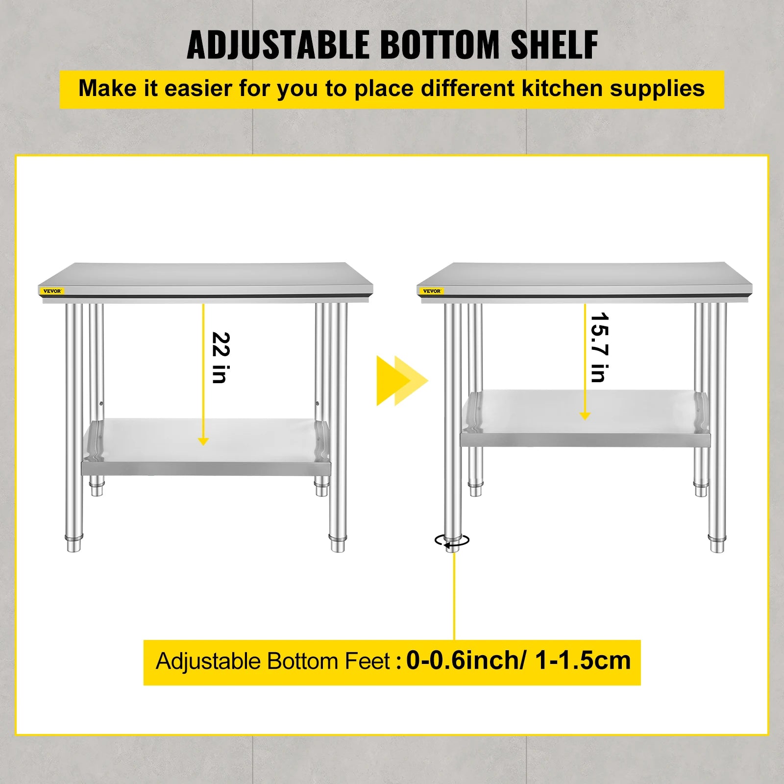 VEVOR Kitchen Work Bench.
Commercial Catering Table with Undershelf Stainless Steel 330LBS 286LBS for Restaurant Garage