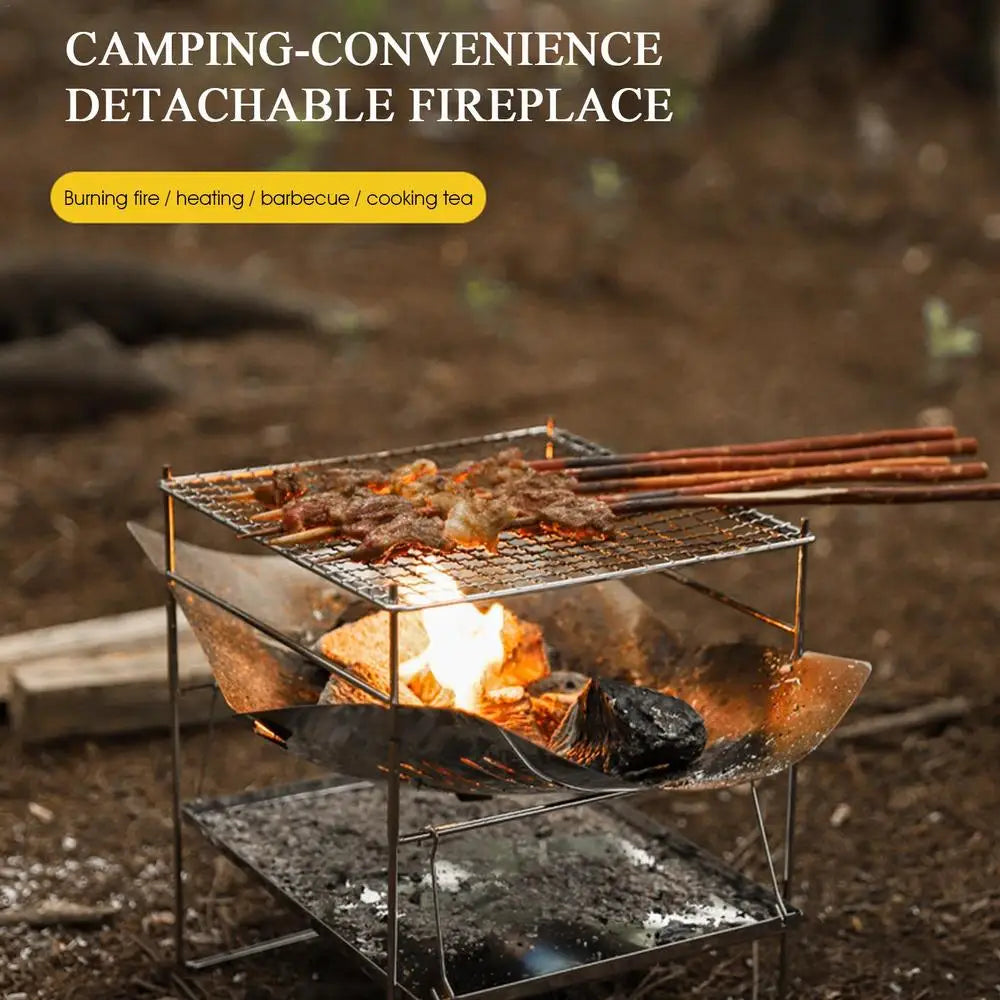 Camping Folding Campfire Grill Stainless Steel Firewood Stove Mini BBQ Rack Outdoor Fire Pit Portable Wood Stove Burner For Camp
