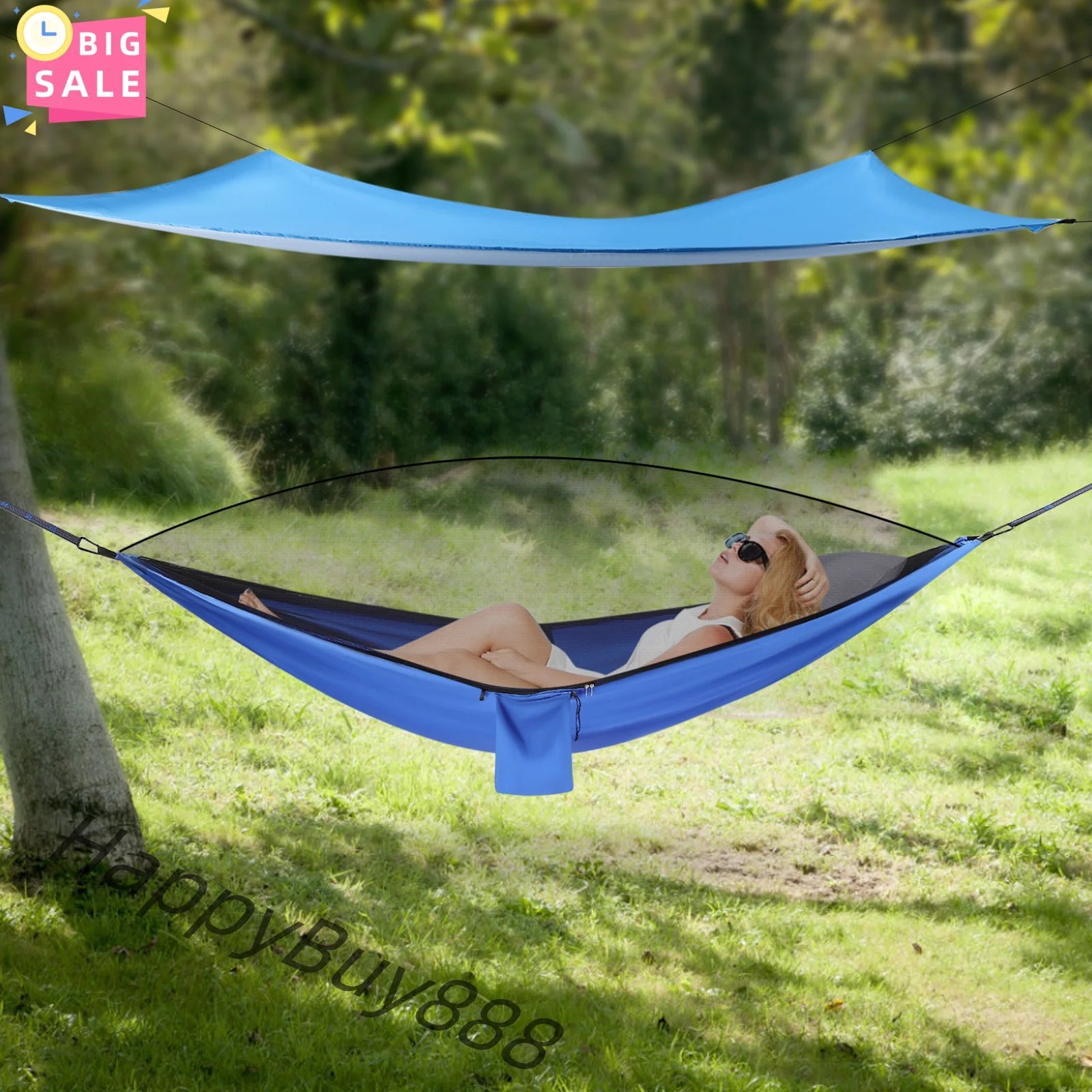 Blue Camping Hammock w/h Rain Fly Tarp Mosquito Net Tent Hammock for Backpacking and Travel