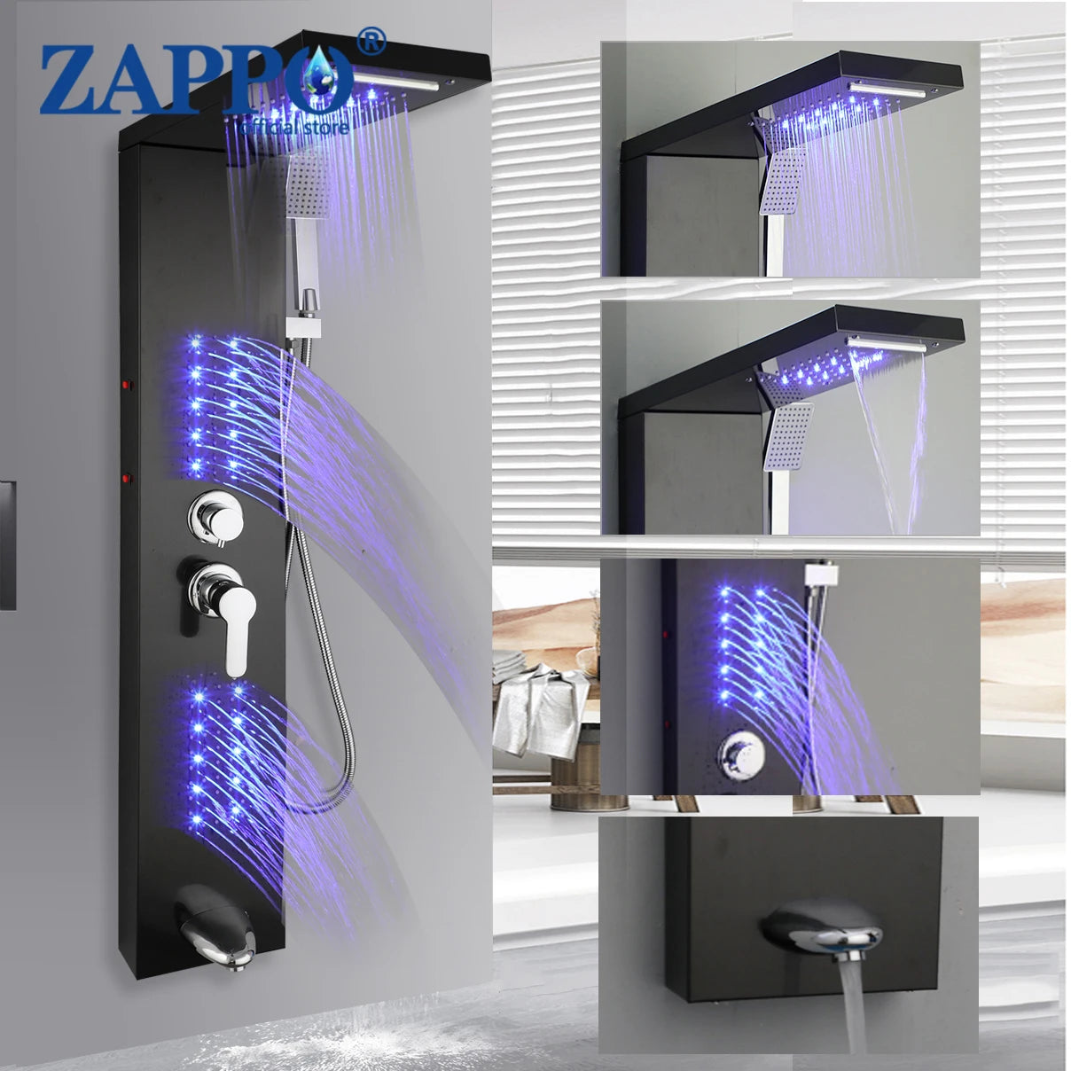 ZAPPO Shower Panel Tower System with LED Rainfall Waterfall Head
Full Body Jets ,Handheld Shower Column w/Tub Spout