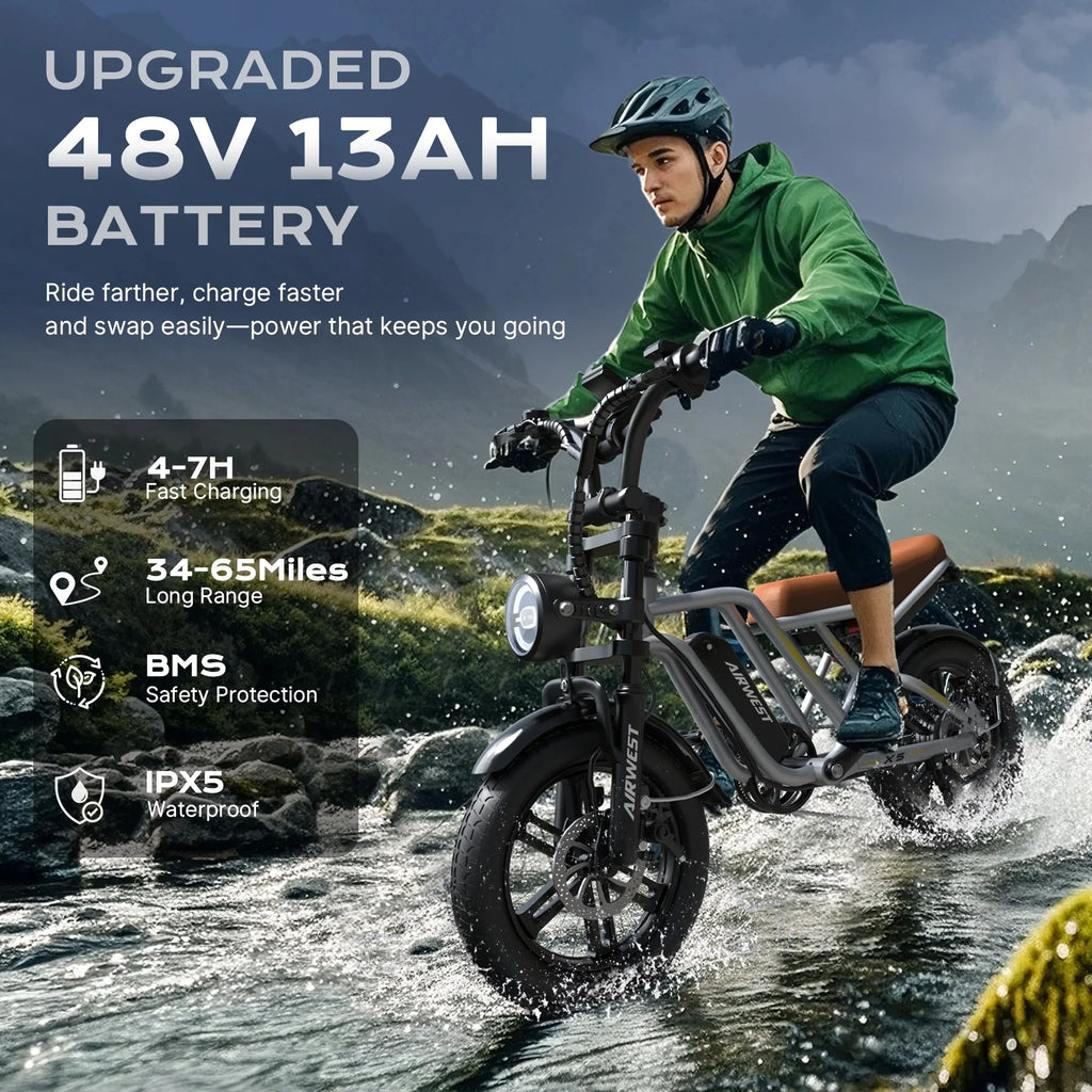 Airwest X5 Adult Electric Bike, 
750W Peak Power, 48V 13Ah Battery, 
20“*4 Fat Tire Ebike, 28MPH, UL 2849, 1 Year Warranty