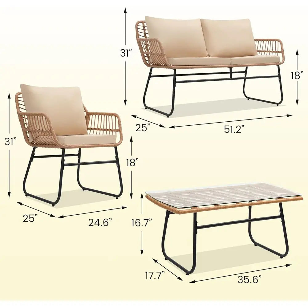 4 Piece Patio Bistro Outdoor Furniture Set,   
Wicker Sofa,  2 Rattan Chairs, and Table, Backyard Conversation Set, All Weather
