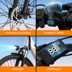 Peak 750W E26 Electric Bike for Adults | 48V 10.4Ah 
Removable Battery, Top Speed 20MPH, 26''X2" Standard Tire, 7-Speeds