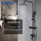 ZAPPO Matte Black Bathroom Shower Set 8 inch Rainfall , Wall Mounted 3-4 Function System & ABS Shelf
