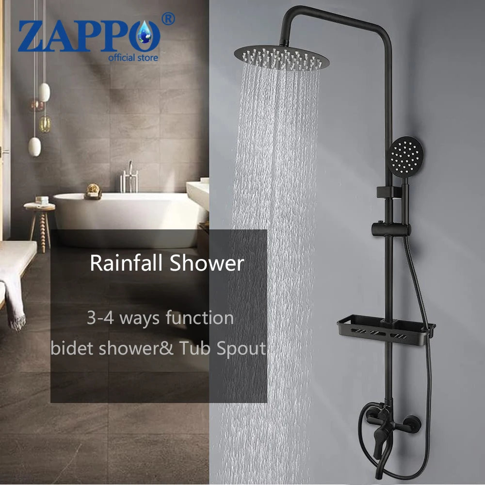 ZAPPO Matte Black Bathroom Shower Set 8 inch Rainfall , Wall Mounted 3-4 Function System & ABS Shelf