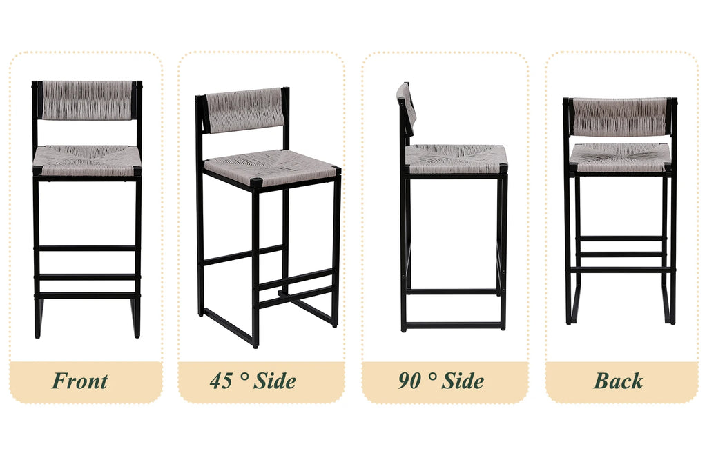 Gray Set of 2 Hand Weave Bar Stools with Back
Counter Height Bar. Paper Rope Woven for Kitchen Home & Office