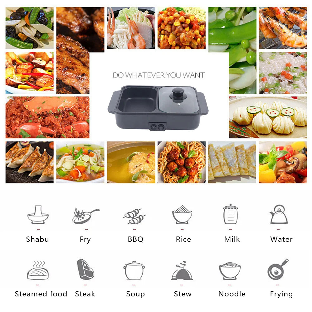 Hot Pot Electric Grill .   2 In 1 Indoor,  Non-Stick Electric Pot & Griddle.
For Bbq,Steaks,Independent Dual Temperature Control 1200W